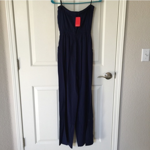 Palazzo jumpsuit in navy blue with pockets - Picture 2 of 8